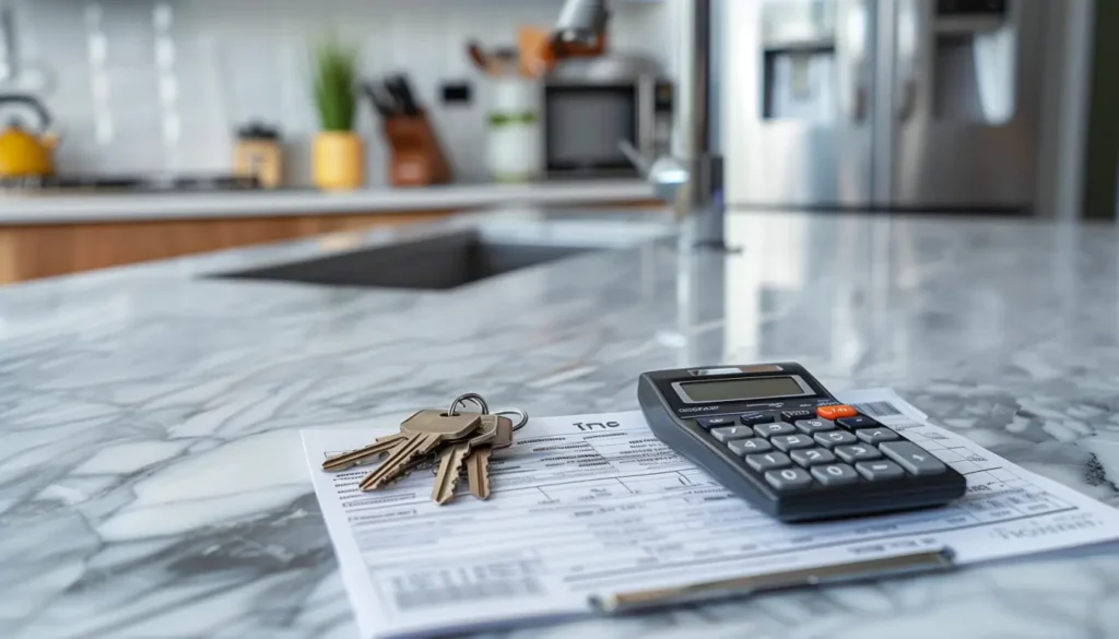 Home valuation report with keys and calculator on a marble island, representing Las Vegas property value analysis
