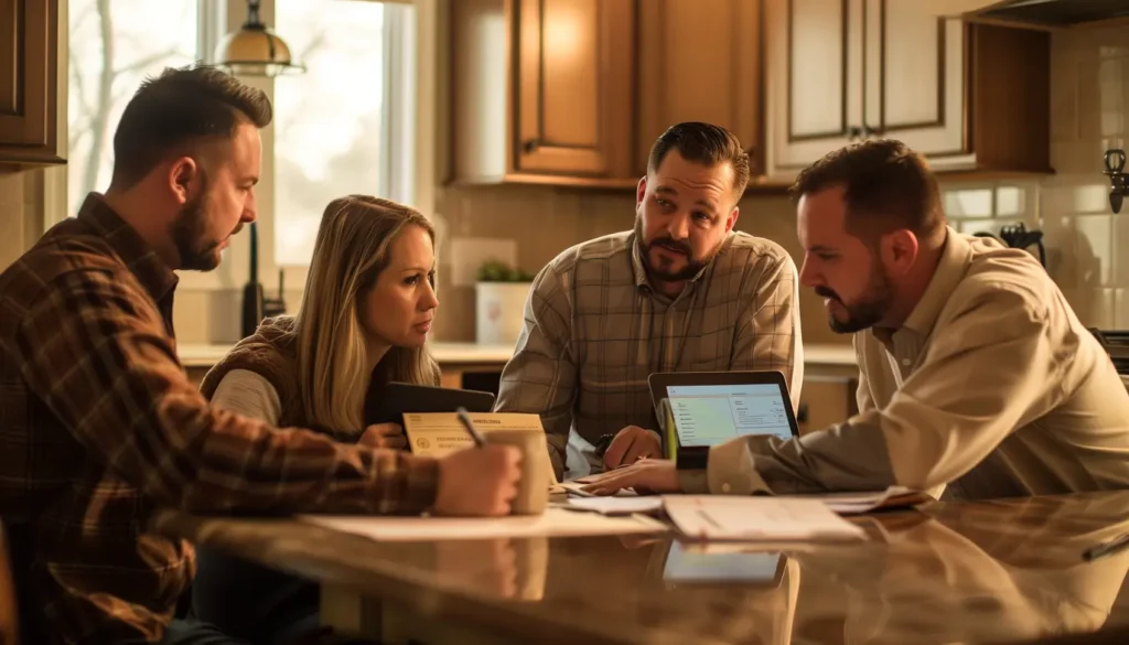 Real estate agent discussing FAQs with a couple at a kitchen table in a sunny Las Vegas home