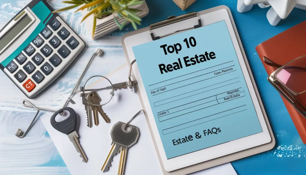 Tablet displaying a FAQ list with real estate tools like home keys, calculator, and property documents nearby