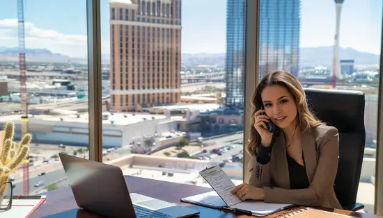 Real estate agent speaking on the phone in a modern Las Vegas office with notes and client files nearby