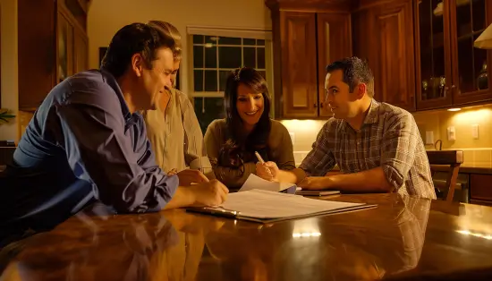 Couple signing a real estate purchase contract with their agent at a kitchen table in a Las Vegas home