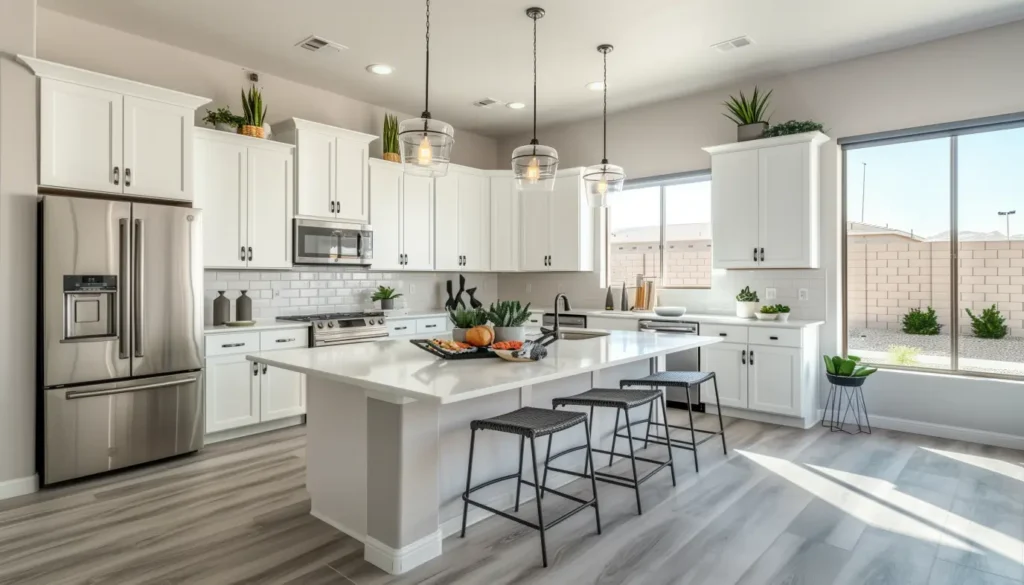Bright white renovated kitchen with quartz countertops, pendant lights, and stainless steel appliances in a Las Vegas home
