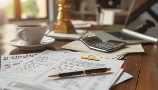 Highlighted contract with notes, laptop, calculator, and coffee on a desk for real estate planning