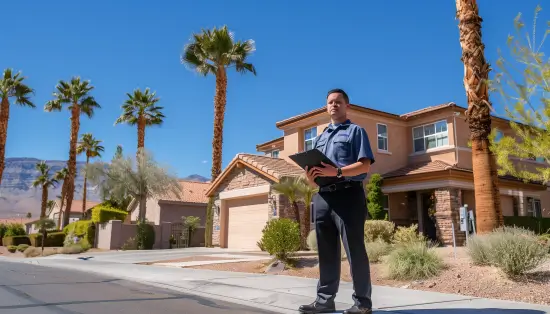 Property manager with clipboard inspecting a Las Vegas rental home, provided by Alex Mavros Realty at 702Property.com